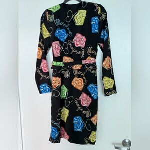 Moschino Black Long-Sleeve Belted Dress with Colorful Bag Print